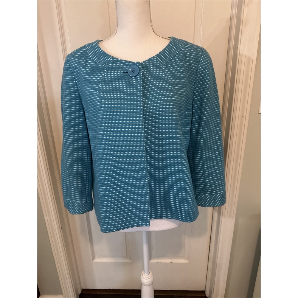 Talbots Blazer Womens Teal White Lined Cotton One Button 3/4 Sleeve Jacket Sz 14